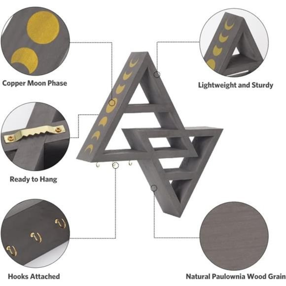Moon Phase Triangle Shelf with Hooks - Rustic Moon Shelf for Crystals- Grey - Picture 4 of 7